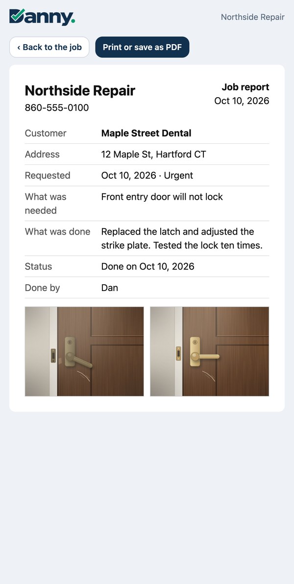 A Danny job report for Maple Street Dental with what was done and two photos.